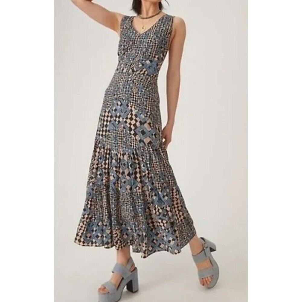 Anthropologie Let Me Be Flounced Maxi Dress Womens S Geometric Print Tiered